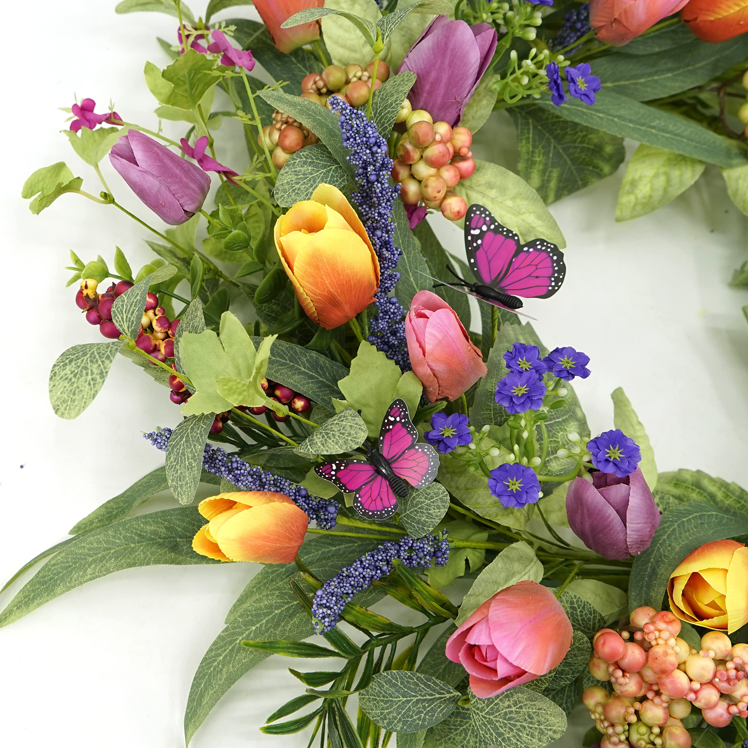 22 inch Spring Summer Wreath Tulip Wreath for Front Door with Purple Tassels, Eucalyptus Leaves, Ferns, Butterflies for Indoor Outdoor wall Festival Home Farmhouse Wedding Decor