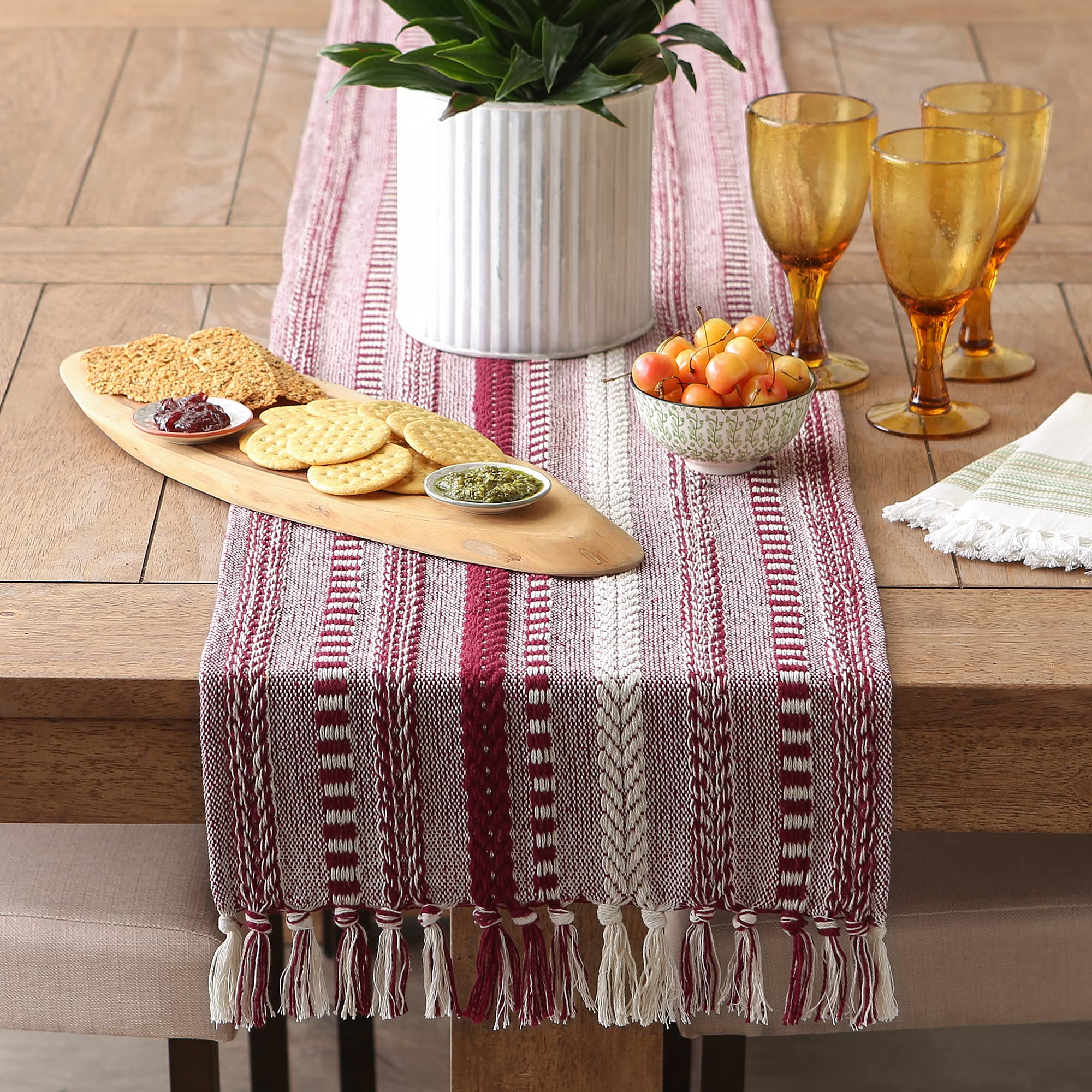 DII Farmhouse Braided Stripe Table Runner Collection, 15x72 (15x77, Fringe Included), Stone
