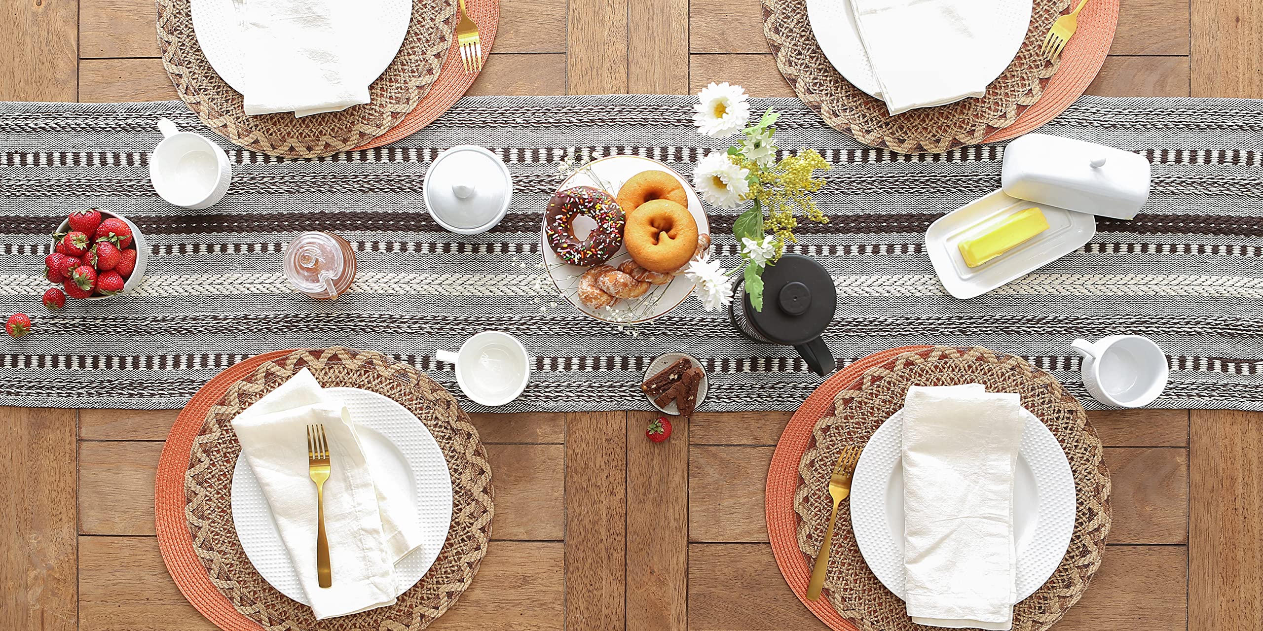 DII Farmhouse Braided Stripe Table Runner Collection, 15x72 (15x77, Fringe Included), Stone