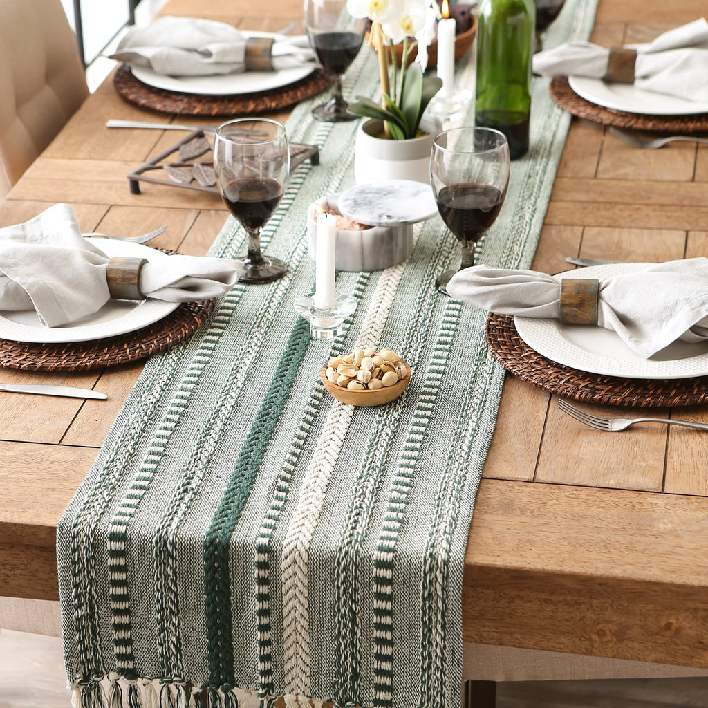 DII Farmhouse Braided Stripe Table Runner Collection, 15x72 (15x77, Fringe Included), Stone