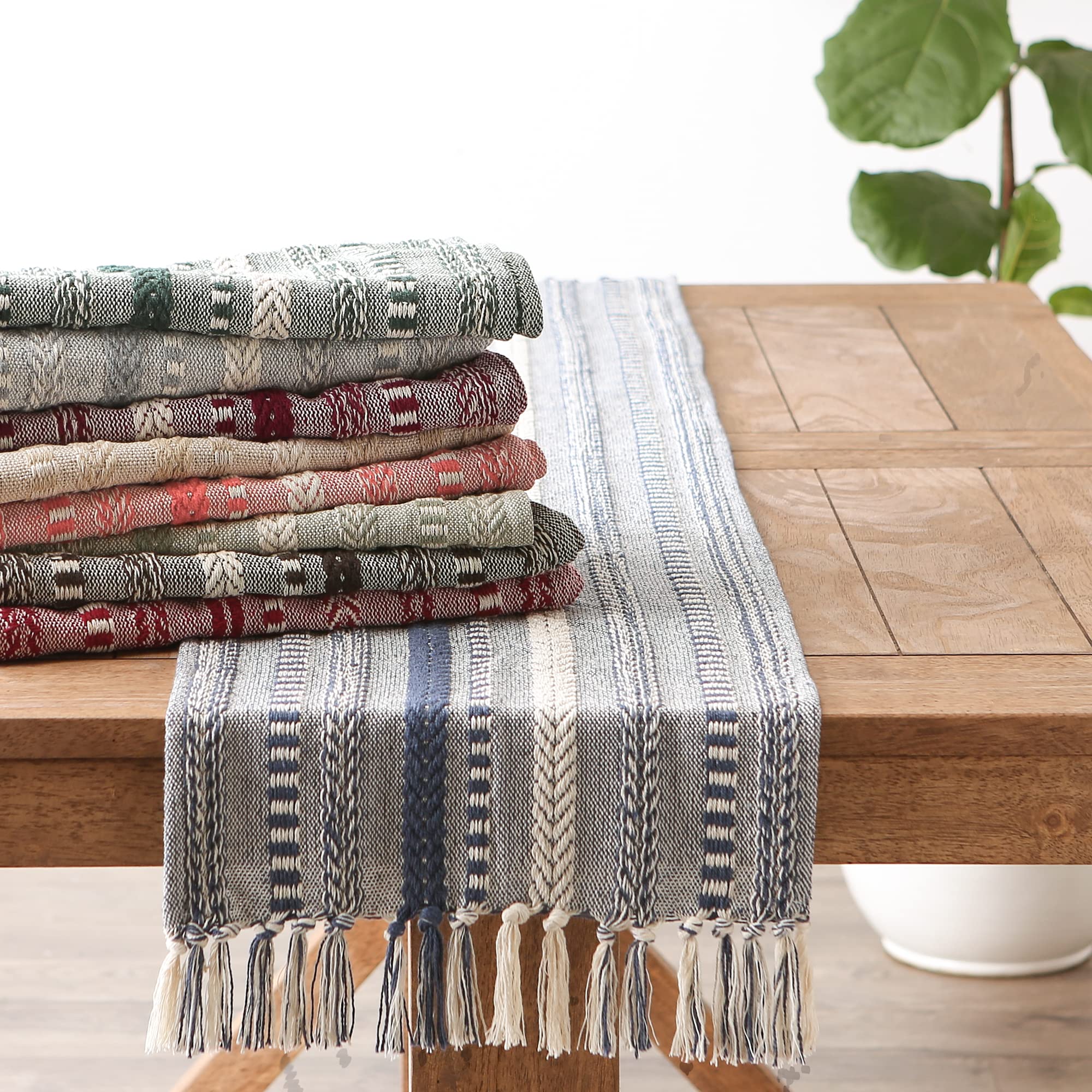 DII Farmhouse Braided Stripe Table Runner Collection, 15x72 (15x77, Fringe Included), Stone