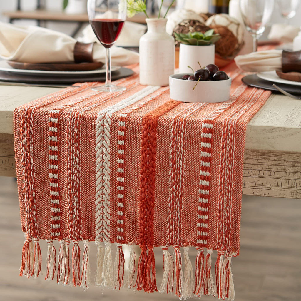 DII Farmhouse Braided Stripe Table Runner Collection, 15x72 (15x77, Fringe Included), Stone