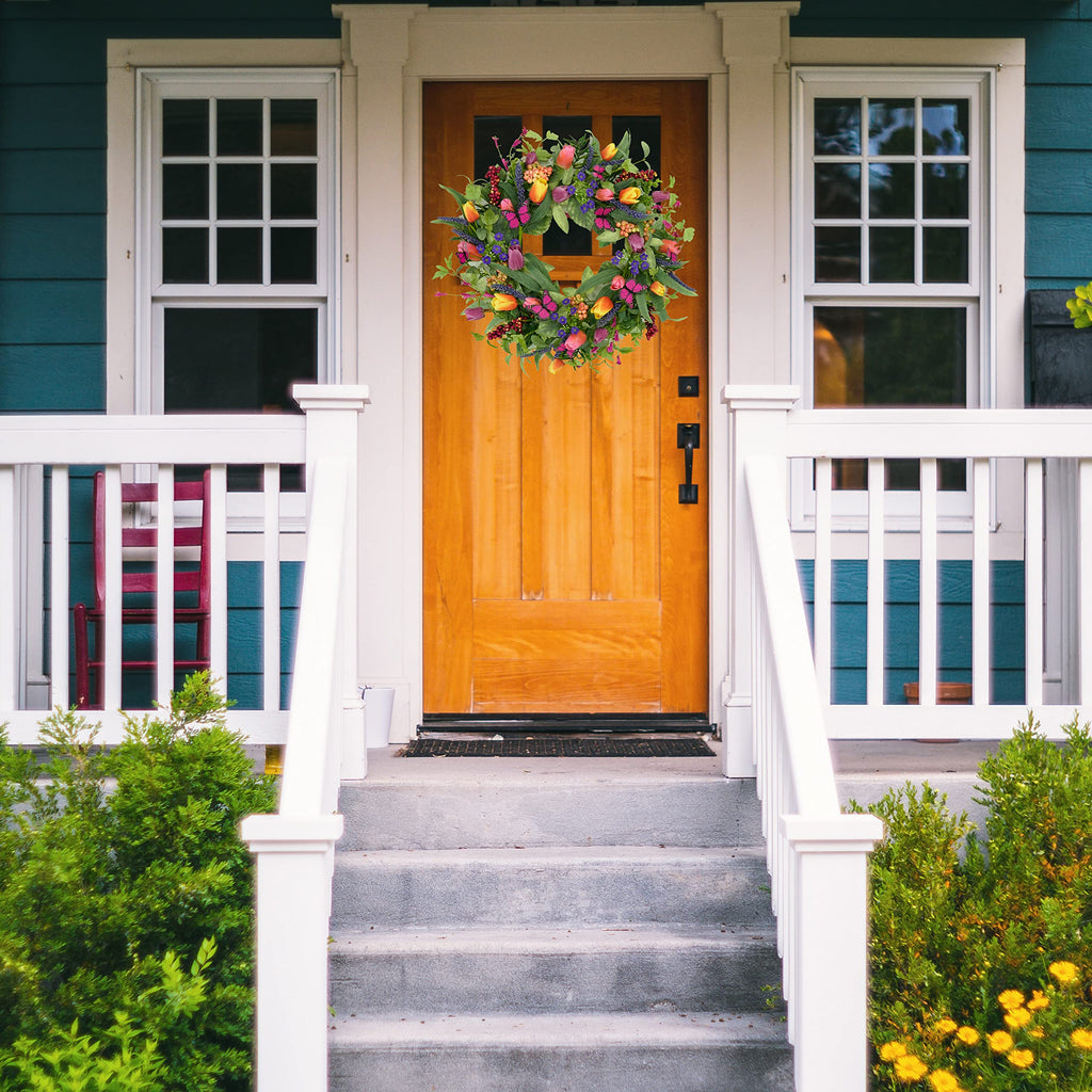 22 inch Spring Summer Wreath Tulip Wreath for Front Door with Purple Tassels, Eucalyptus Leaves, Ferns, Butterflies for Indoor Outdoor wall Festival Home Farmhouse Wedding Decor