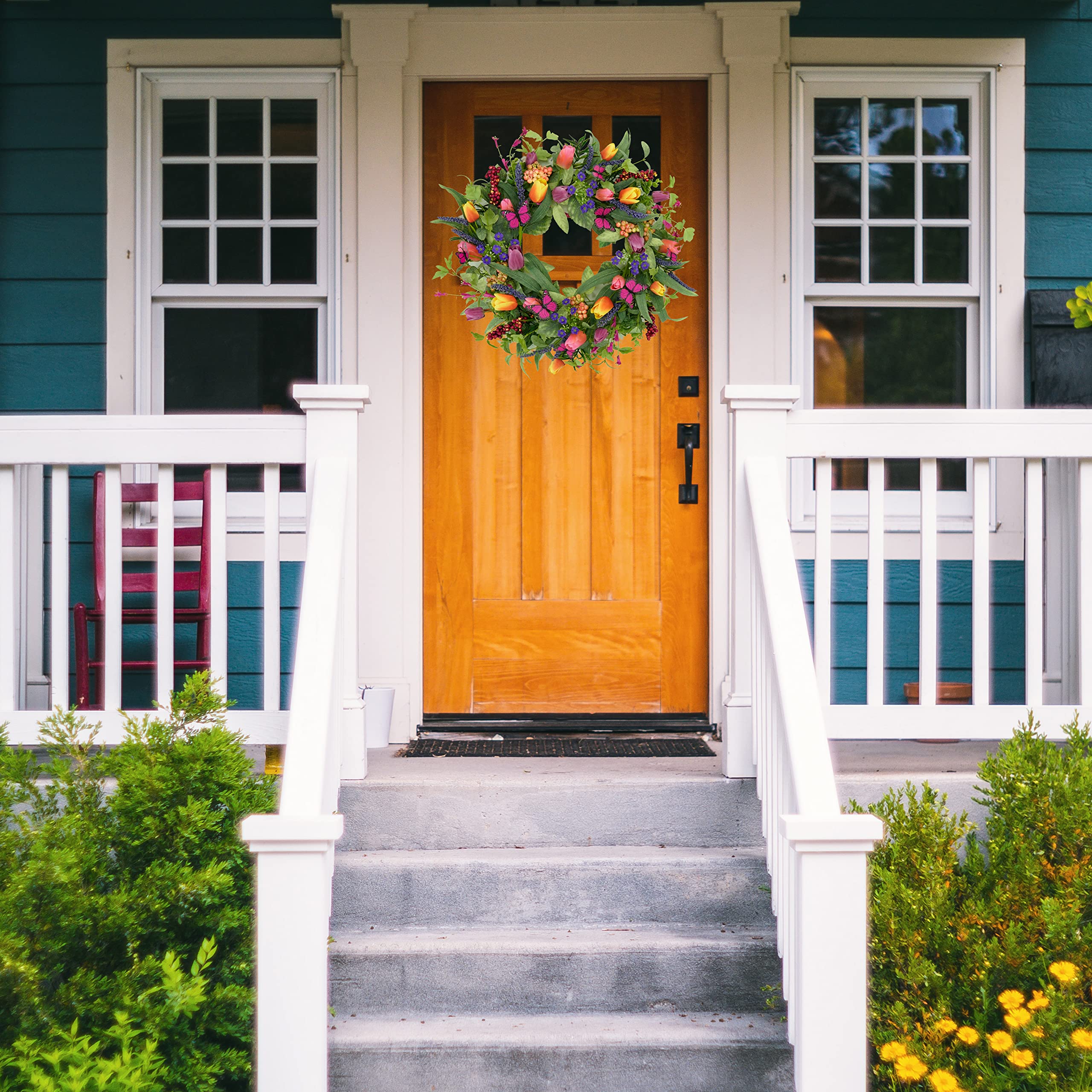 22 inch Spring Summer Wreath Tulip Wreath for Front Door with Purple Tassels, Eucalyptus Leaves, Ferns, Butterflies for Indoor Outdoor wall Festival Home Farmhouse Wedding Decor