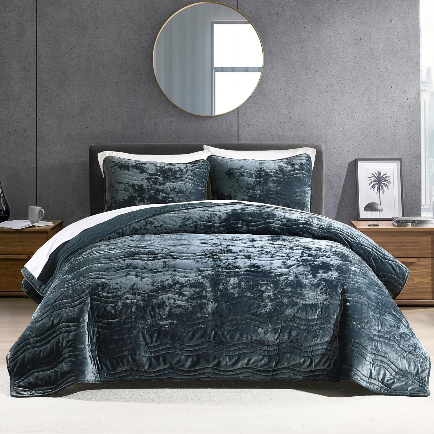 Luxury Velvet Queen Comforter Set, Blue Queen Size Comforter Sets, Stormy Blue Queen Quilt Bedding Set, Luxurious Plush Bedspreaqd Sets,Soft Lightweight Comforter for All Season