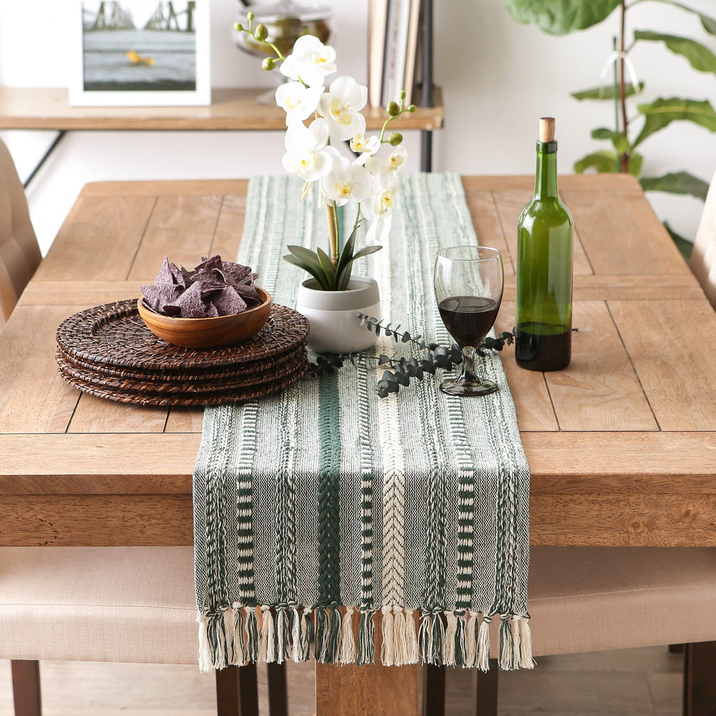 DII Farmhouse Braided Stripe Table Runner Collection, 15x72 (15x77, Fringe Included), Stone