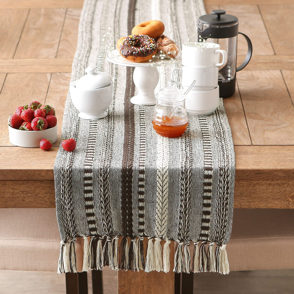 DII Farmhouse Braided Stripe Table Runner Collection, 15x72 (15x77, Fringe Included), Stone