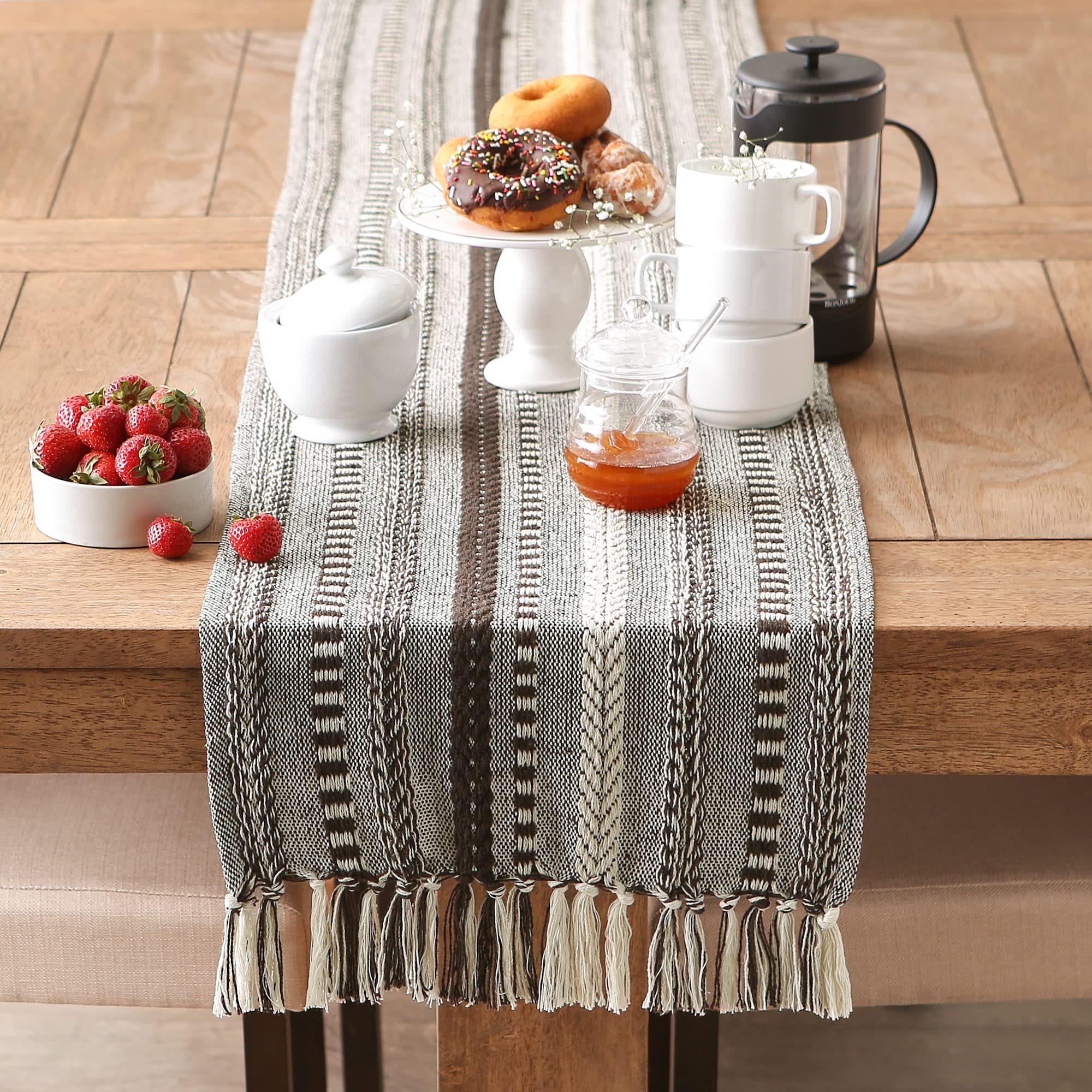 DII Farmhouse Braided Stripe Table Runner Collection, 15x72 (15x77, Fringe Included), Stone