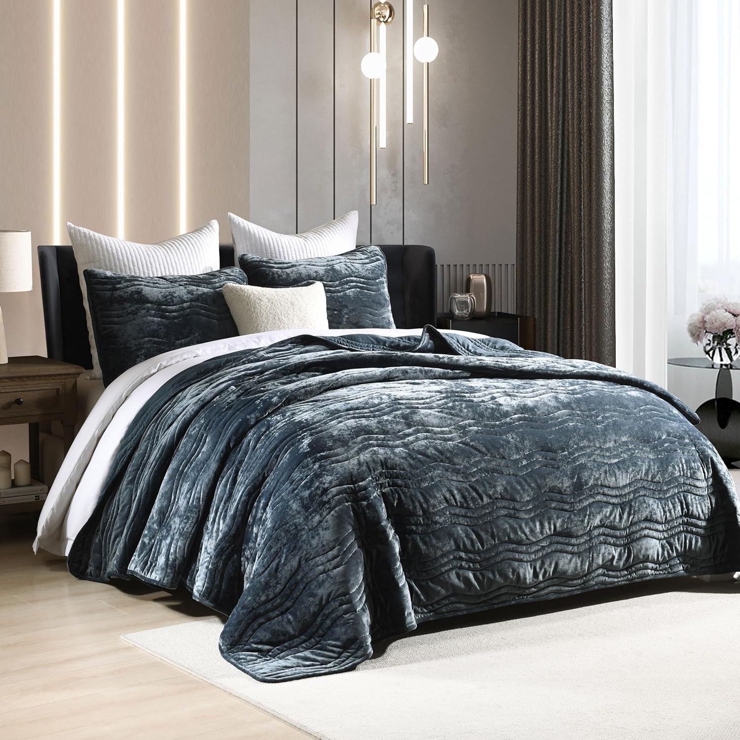 Luxury Velvet Queen Comforter Set, Blue Queen Size Comforter Sets, Stormy Blue Queen Quilt Bedding Set, Luxurious Plush Bedspreaqd Sets,Soft Lightweight Comforter for All Season