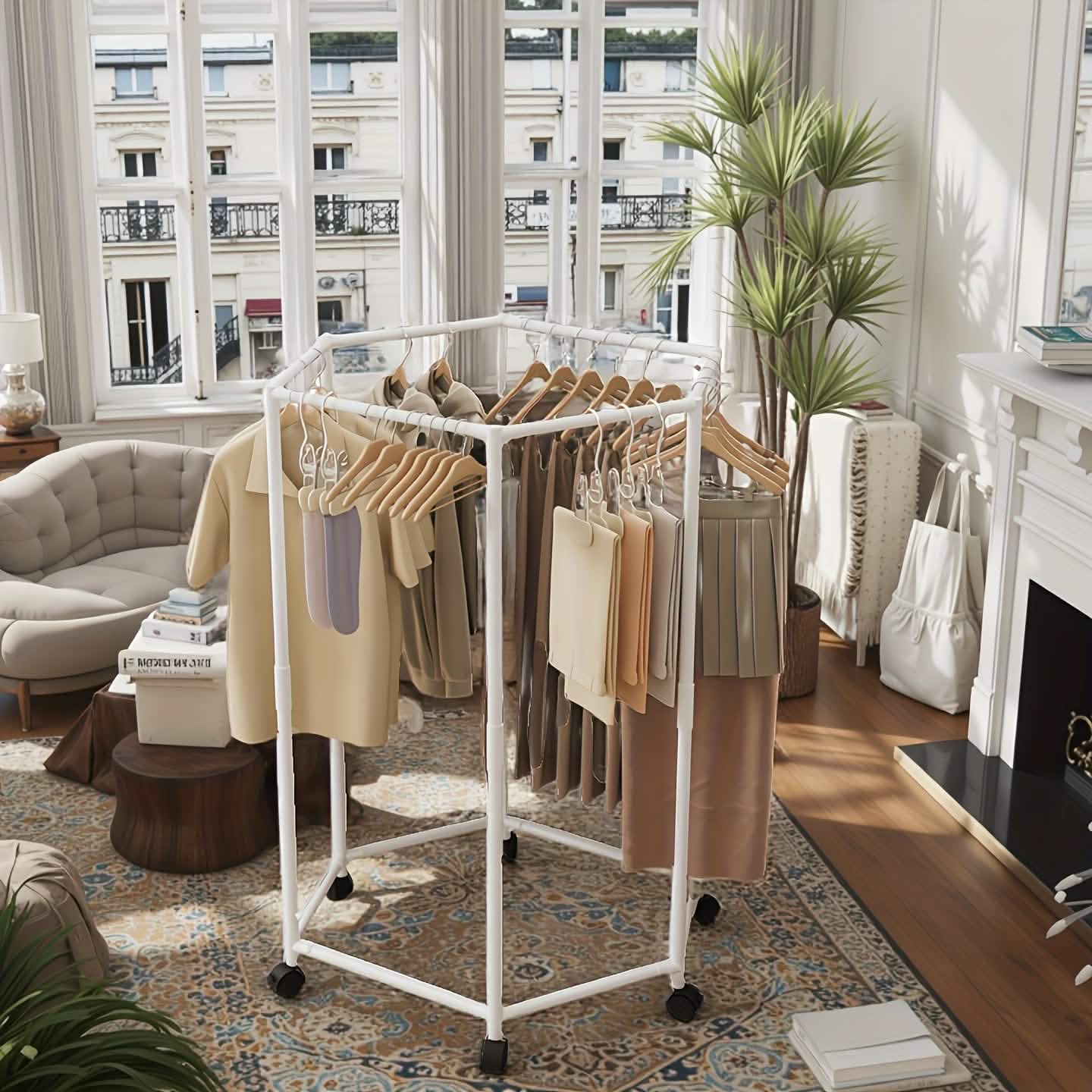 360° Rotating Freestanding Clothing Rack – Hexagonal Carbon Steel Organizer with Wheels