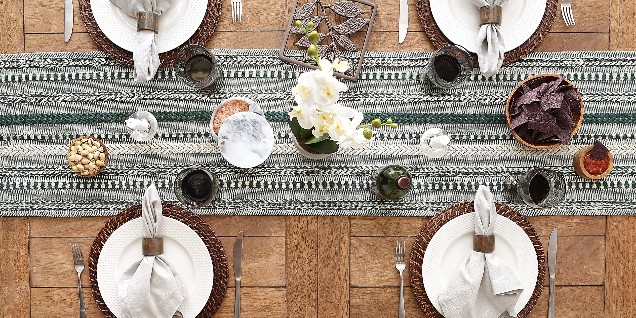 DII Farmhouse Braided Stripe Table Runner Collection, 15x72 (15x77, Fringe Included), Stone